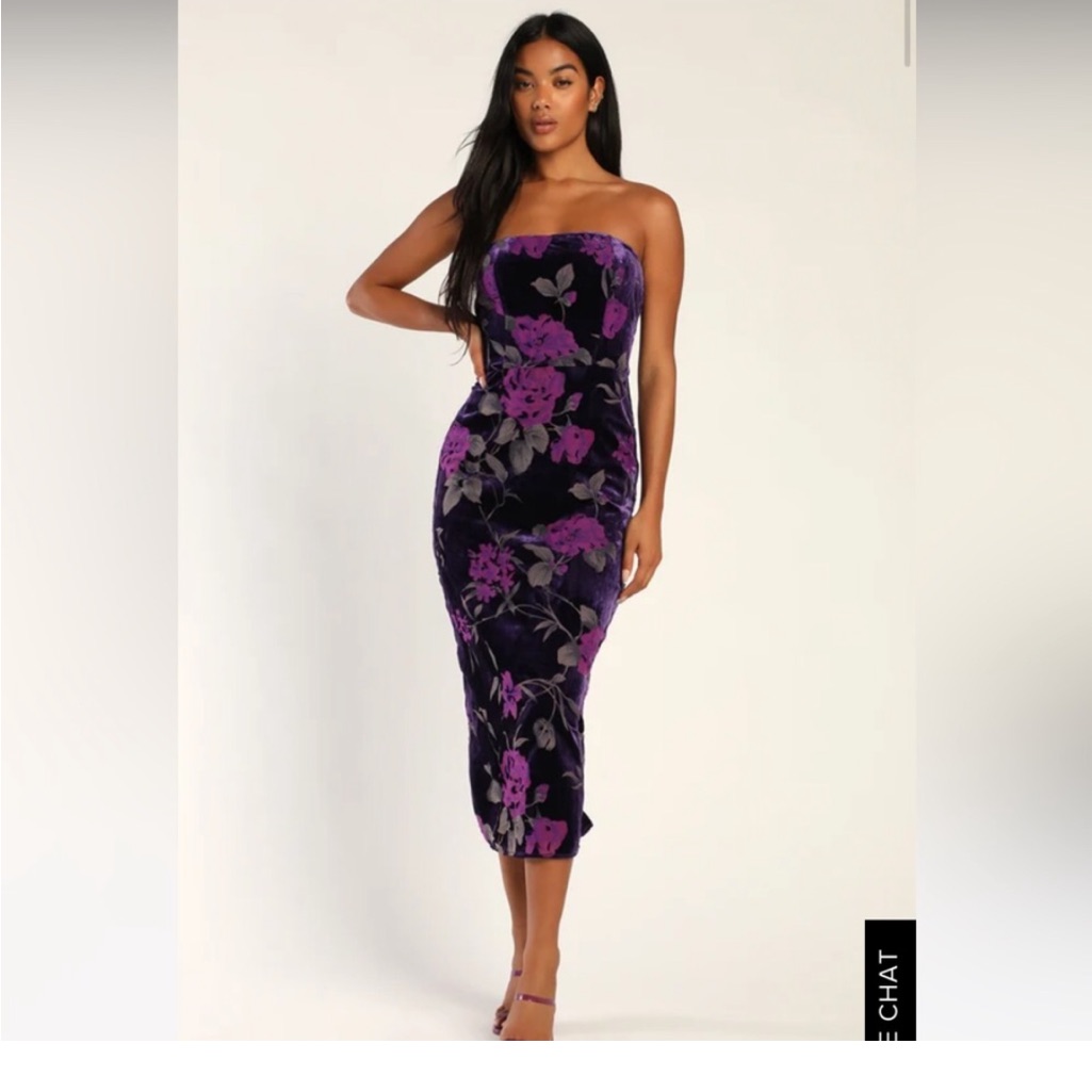 Lulus Floral Strapless Velvet Midi Dress